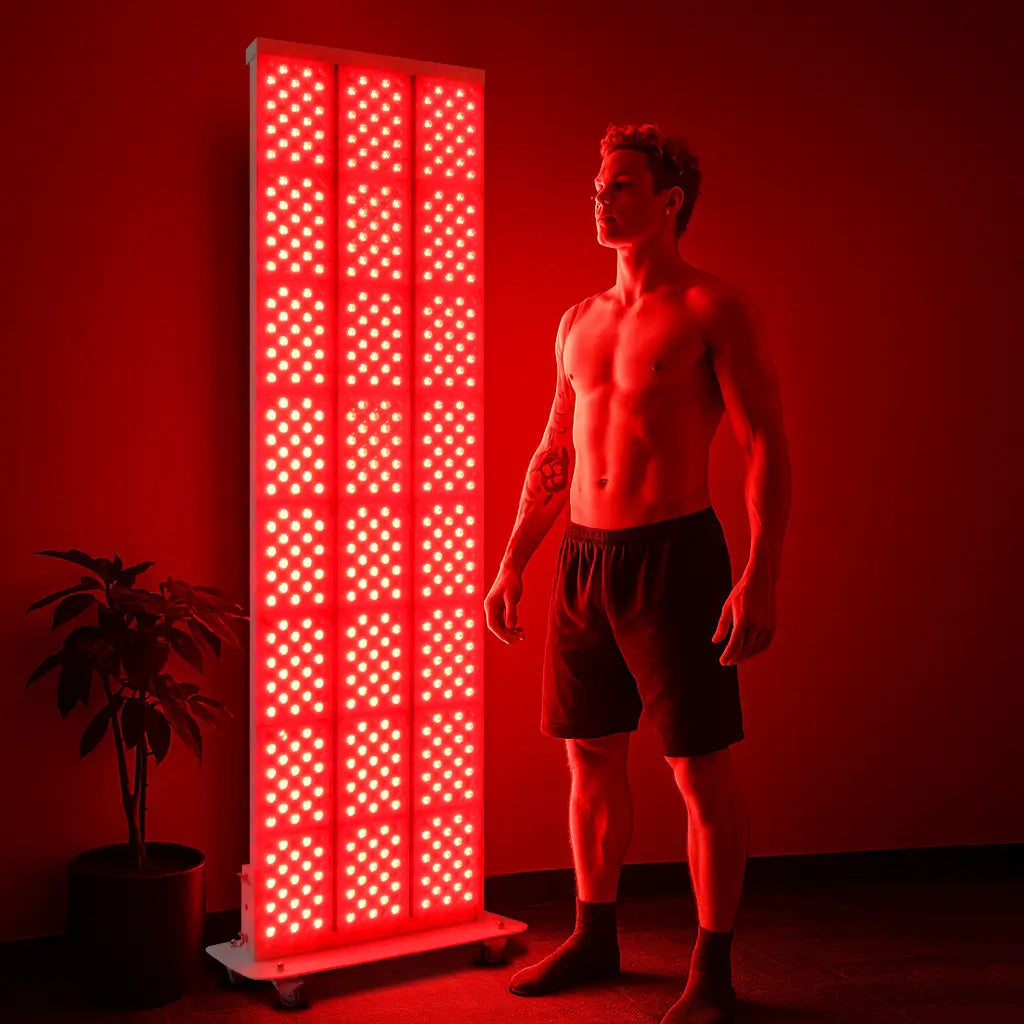 Person standing in front of a bright red light therapy panel in a dimly lit room, demonstrating the size and glow of the device
