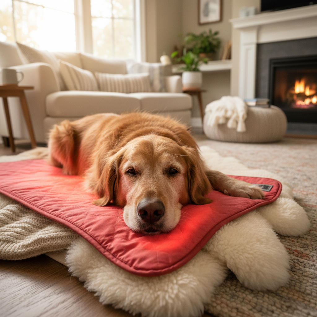 A senior Golden Retriever resting peacefully on a red light therapy mat in a cozy living room, with warm natural lighting and soft blankets