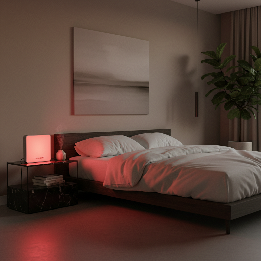 A serene, high-end bedroom at dusk with soft red light illumination from a Youlumi panel, creating a calming atmosphere for sleep preparation