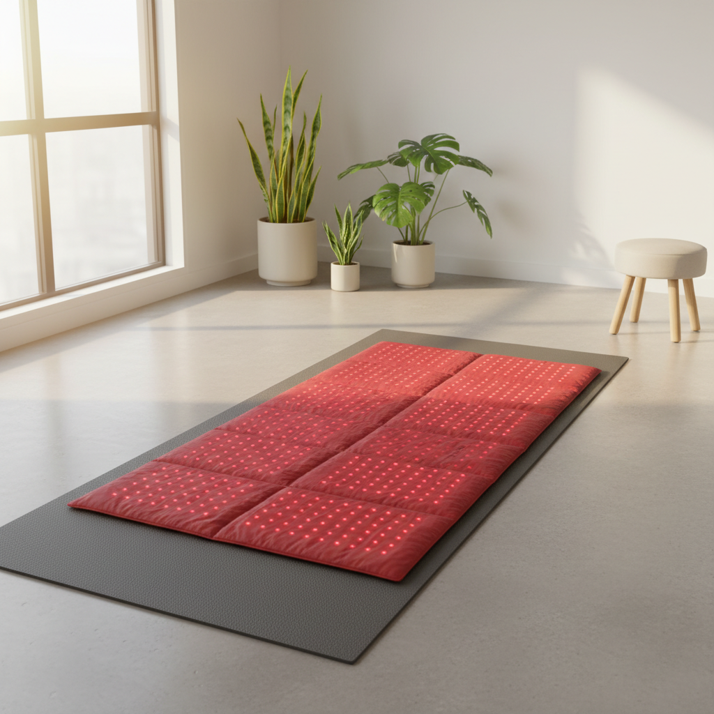 A modern red light therapy mat placed on a yoga mat in a minimalist wellness space with soft morning light