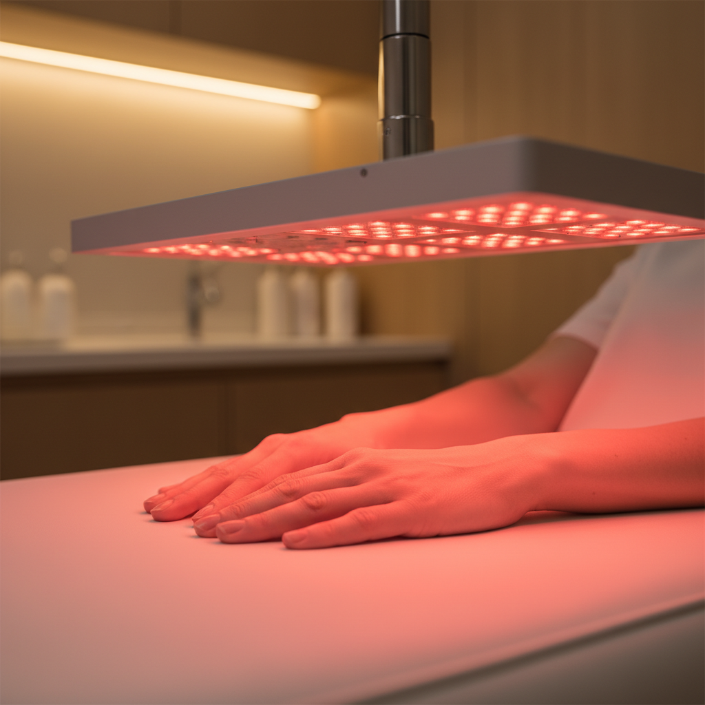 A person's hands receiving red light therapy treatment for arthritis relief in a modern clinical setting