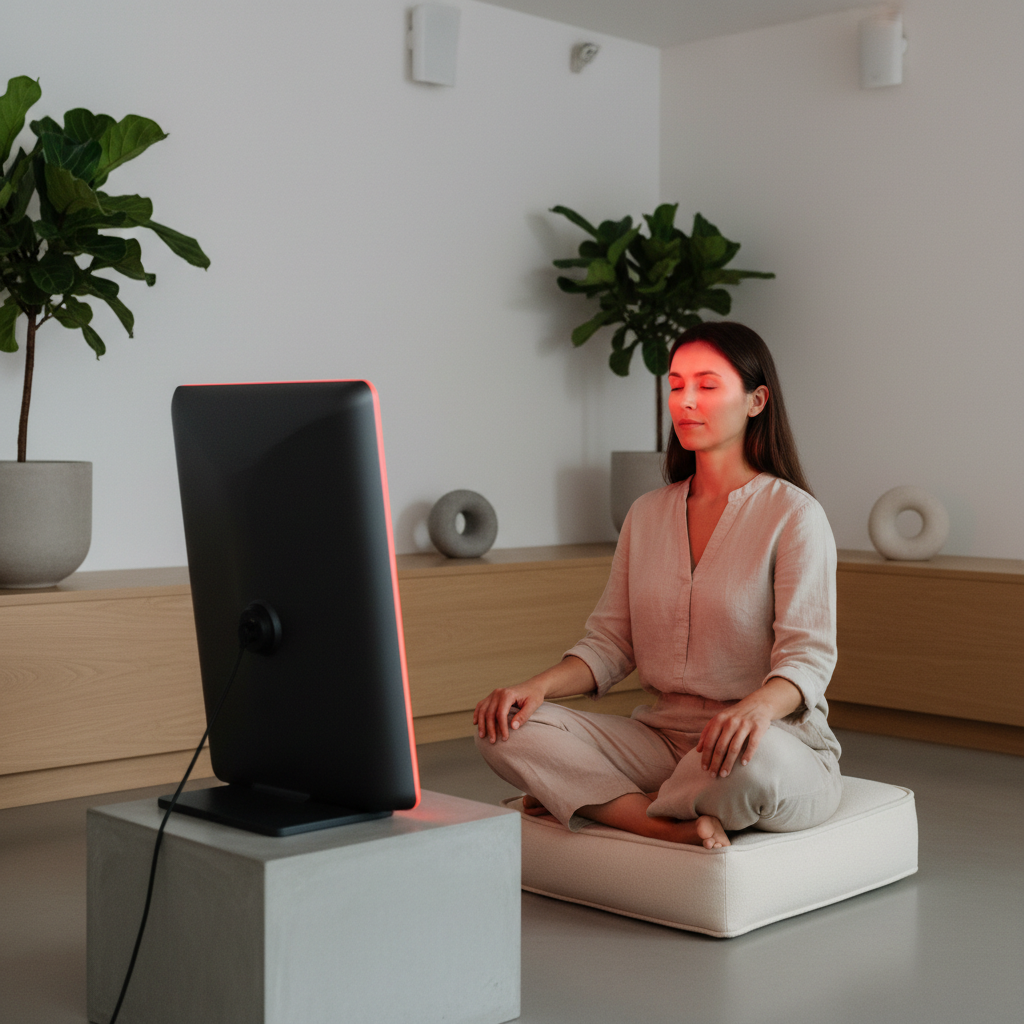 A person in a modern wellness studio using a high-end red light therapy panel, with a gentle red glow illuminating their face and head area, creating a calm and scientific atmosphere