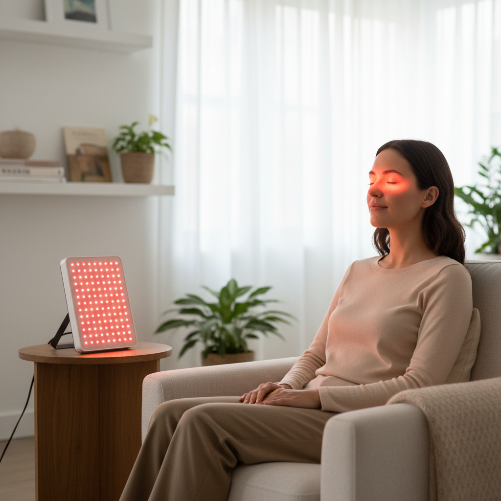 A person using a red light therapy device for eye health, sitting comfortably with eyes closed while the device emits a gentle red glow at a safe distance