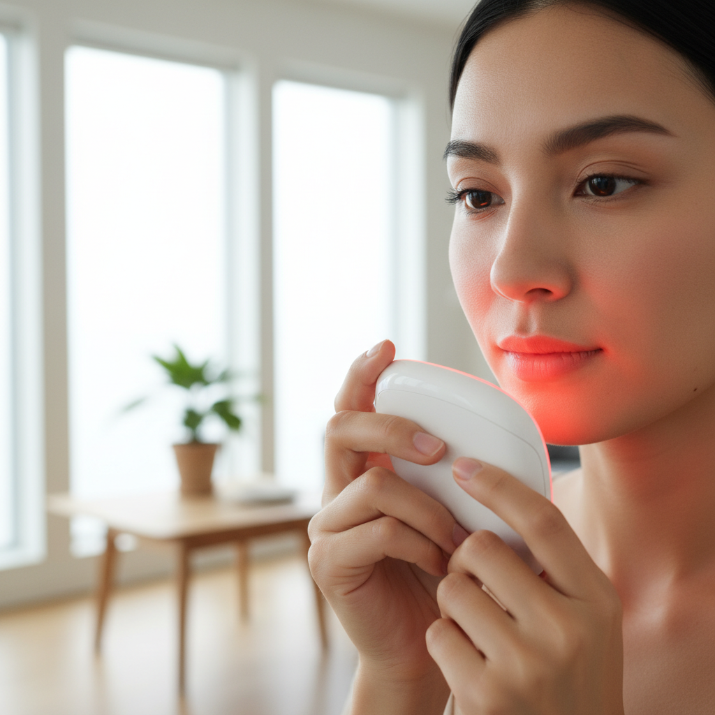 A person using a red light therapy device near their mouth in a clean, modern home setting