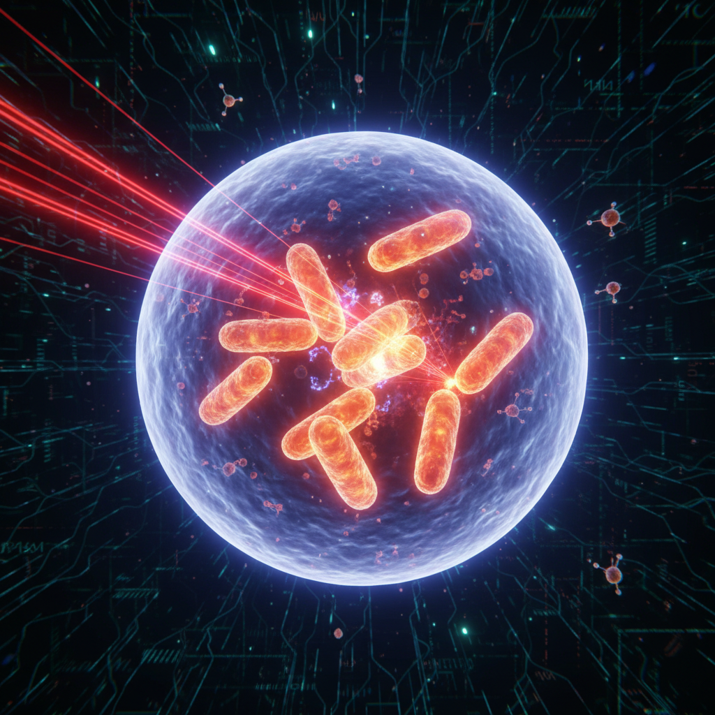 Scientific visualization of mitochondria inside a cell being illuminated by red and near-infrared light rays