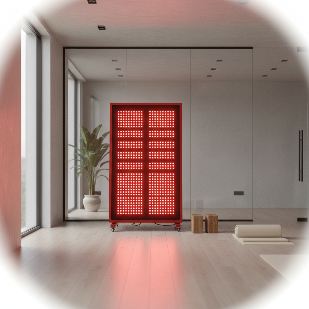 A high-end, professional lifestyle shot of a full-body red light therapy panel in a modern home gym wellness space.
