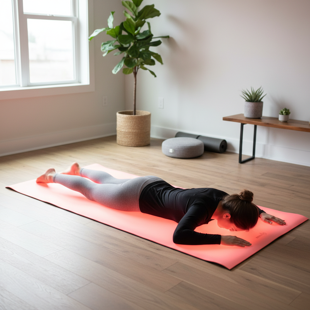 A person lying comfortably on a full-body red light therapy mat in a serene home wellness setting, with gentle red light illuminating their back