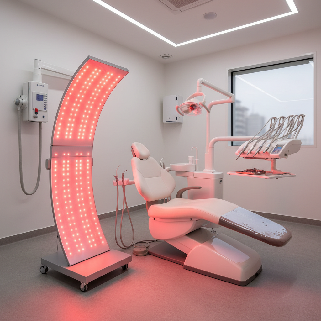A modern dental clinic setting showing a professional red light therapy device positioned near a dental chair, with soft red light illuminating the treatment area