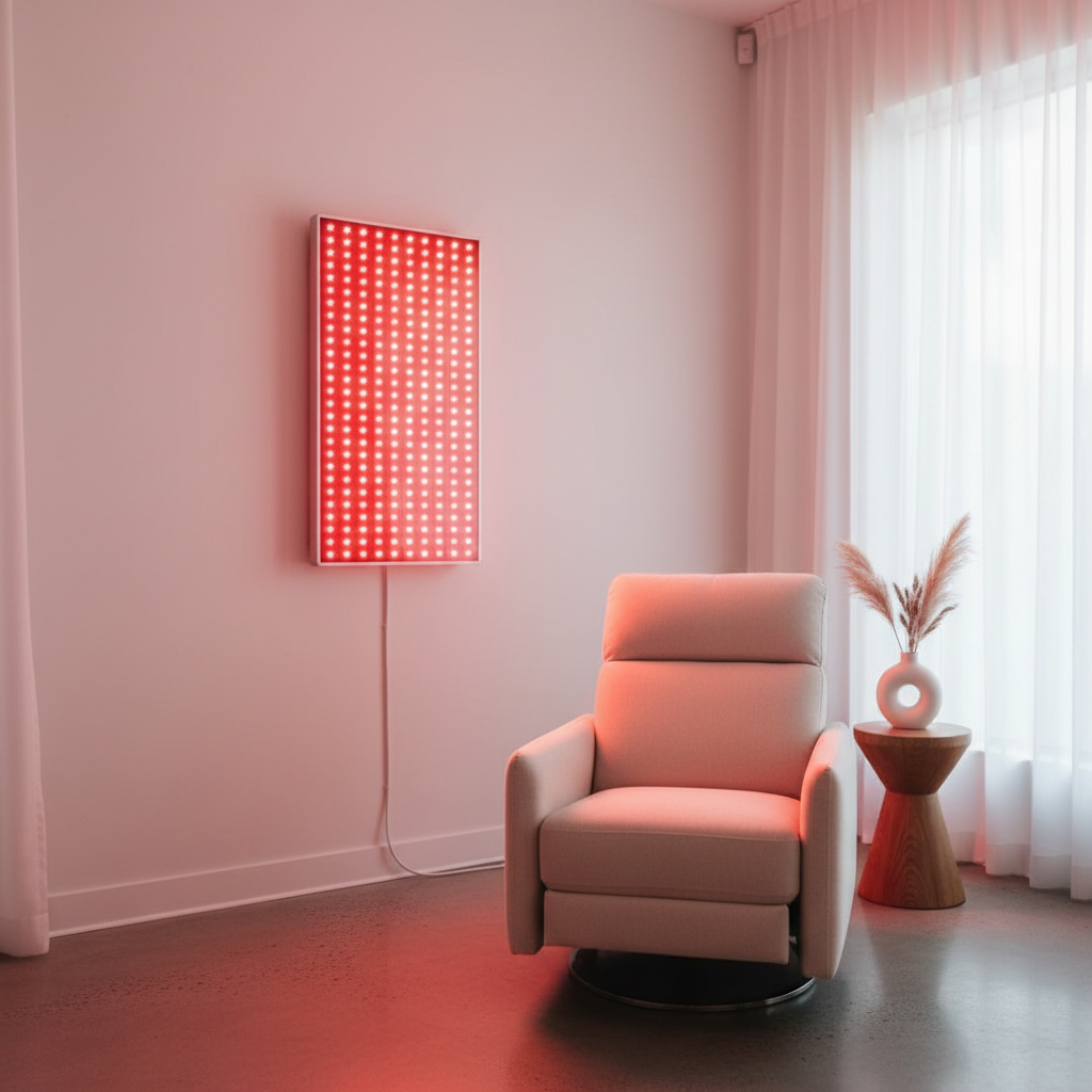 A professional clinical setting showing a modern red light therapy panel emitting therapeutic wavelengths, with a clean minimalist aesthetic