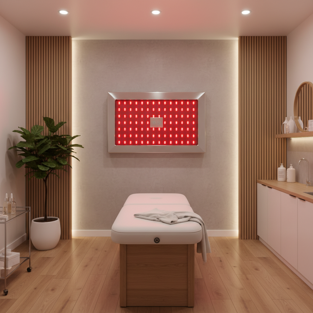 Modern clinical setting with professional red light therapy panel integrated into a clean, minimalist wellness clinic environment