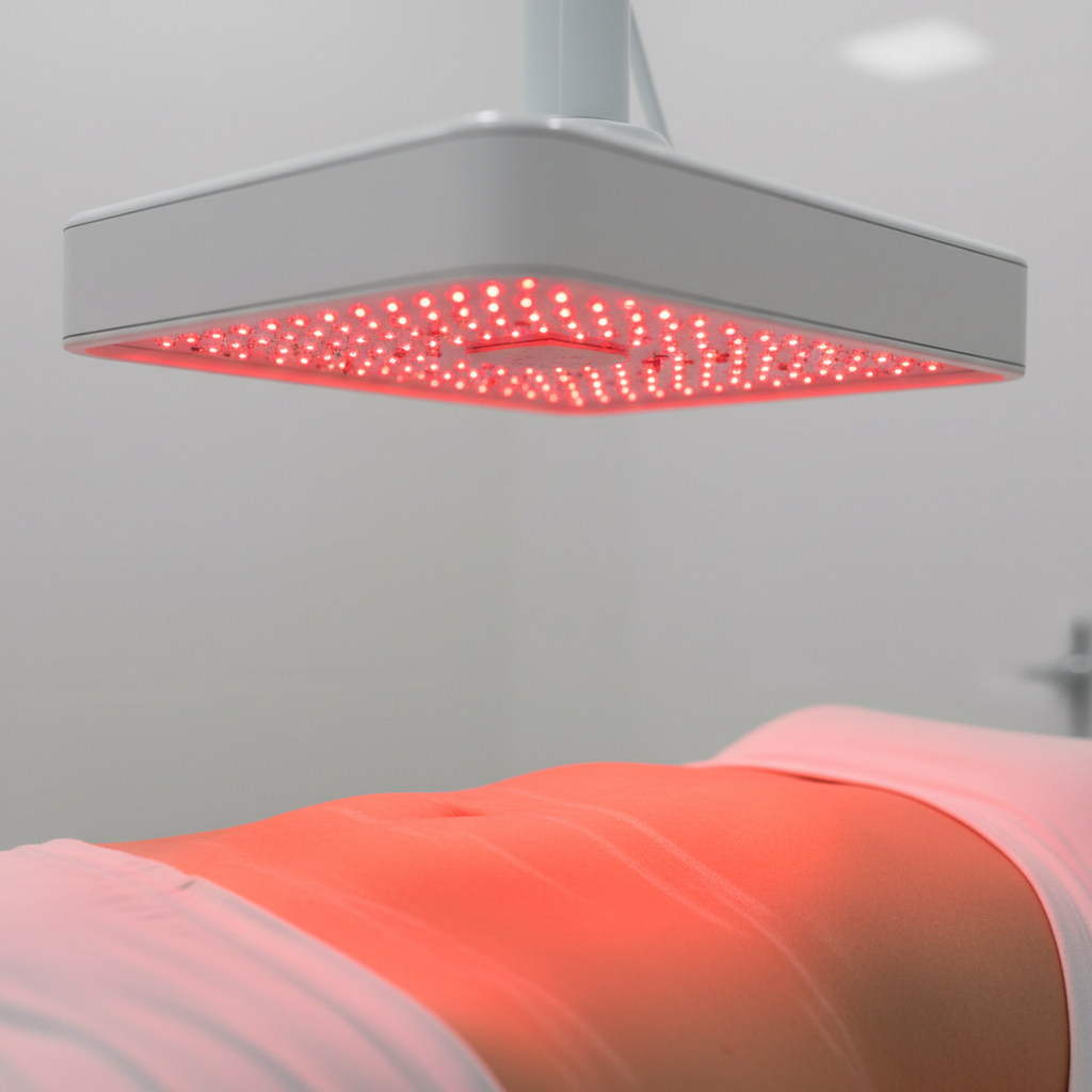 Professional red light therapy device being used on abdominal skin with stretch marks
