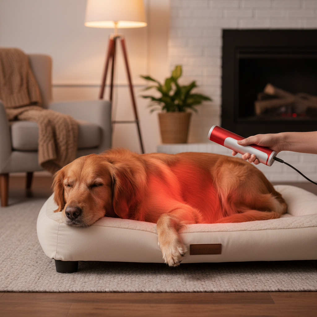 A dog receiving red light therapy on its back for IVDD support