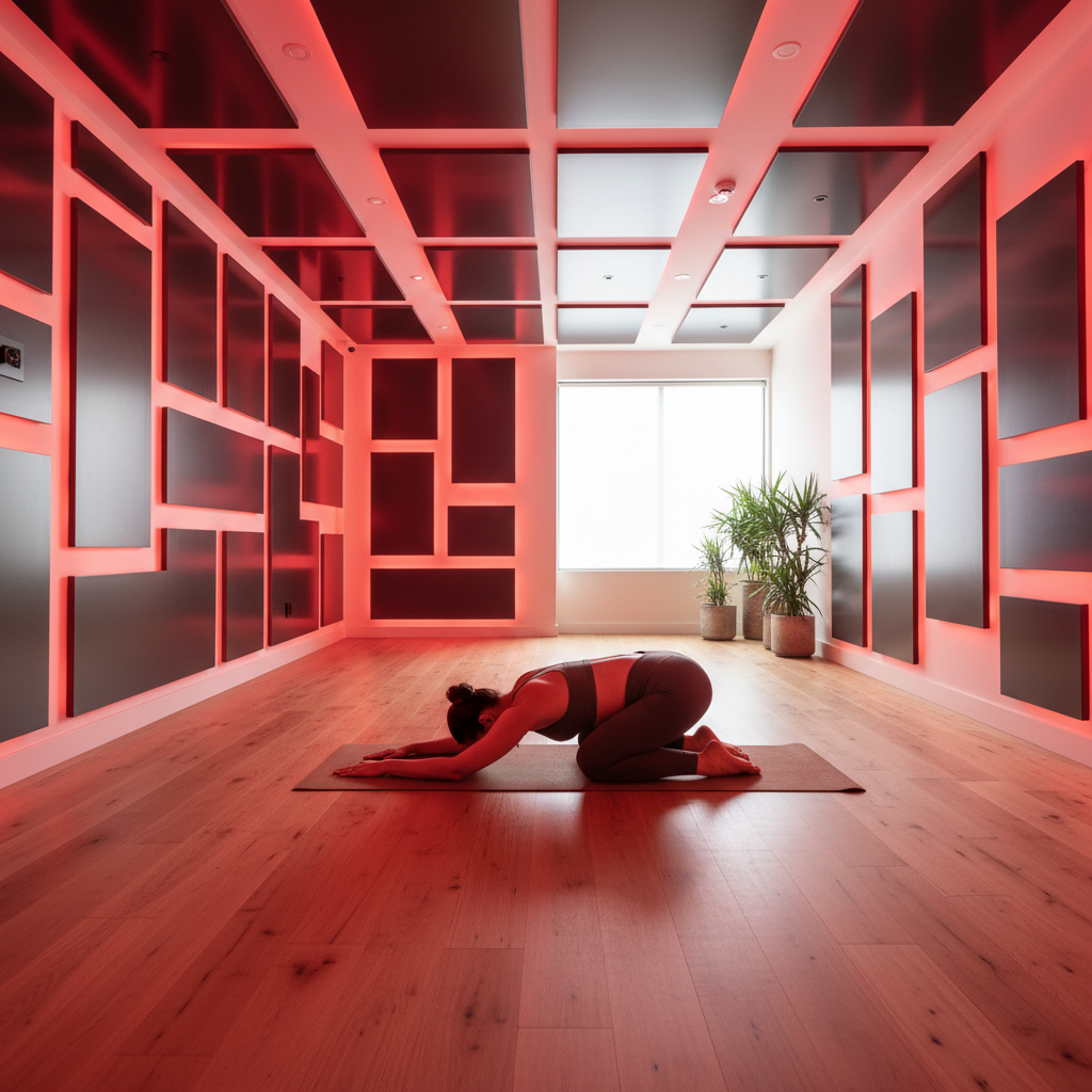 A serene yoga studio with modern red light therapy panels integrated into the space, featuring a person in a peaceful yoga pose under the therapeutic glow