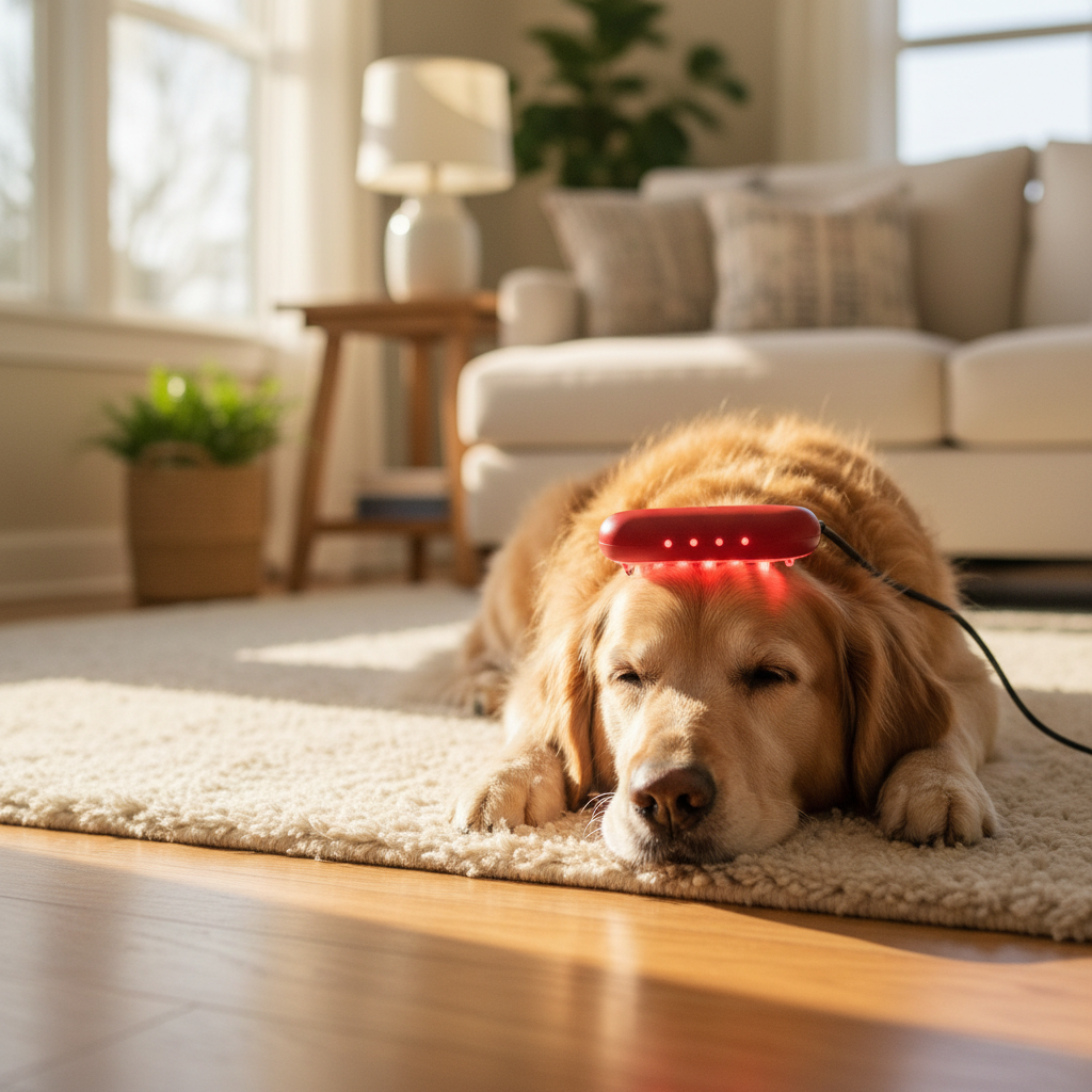 A senior Golden Retriever looking calm while receiving red light therapy on its head in a cozy home setting.