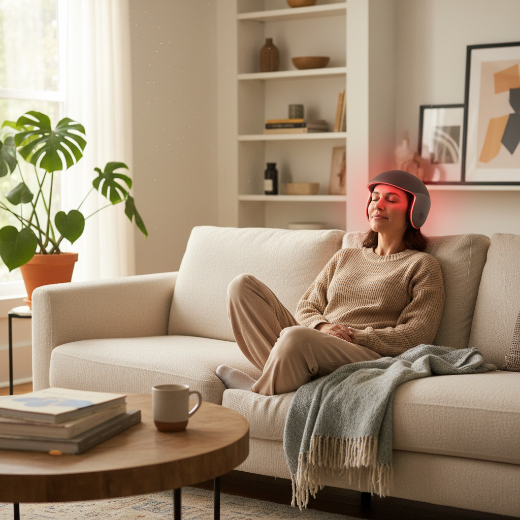 A professional lifestyle photograph of a person sitting comfortably on a sofa, wearing a sleek, modern red light therapy cap that emits a soft red glow onto their scalp.