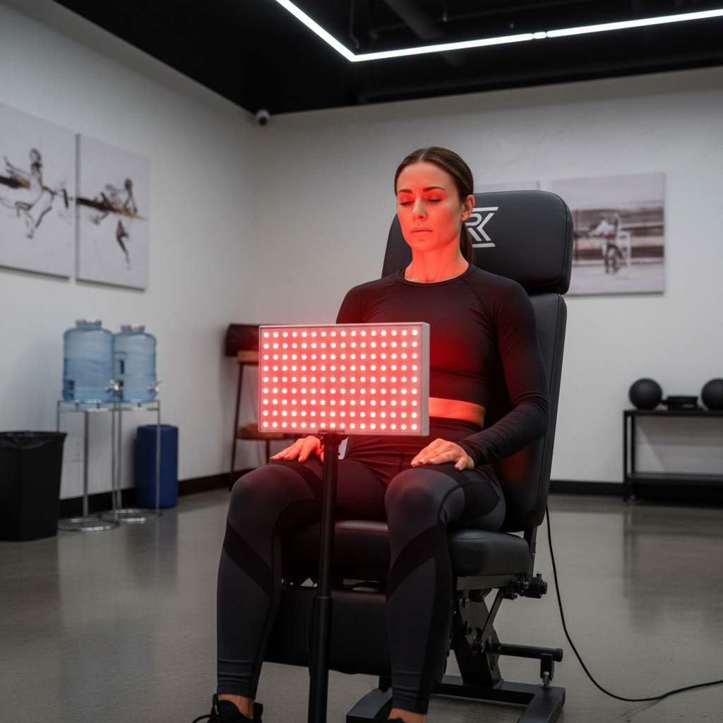 Professional athlete receiving red light therapy treatment in a modern sports recovery facility