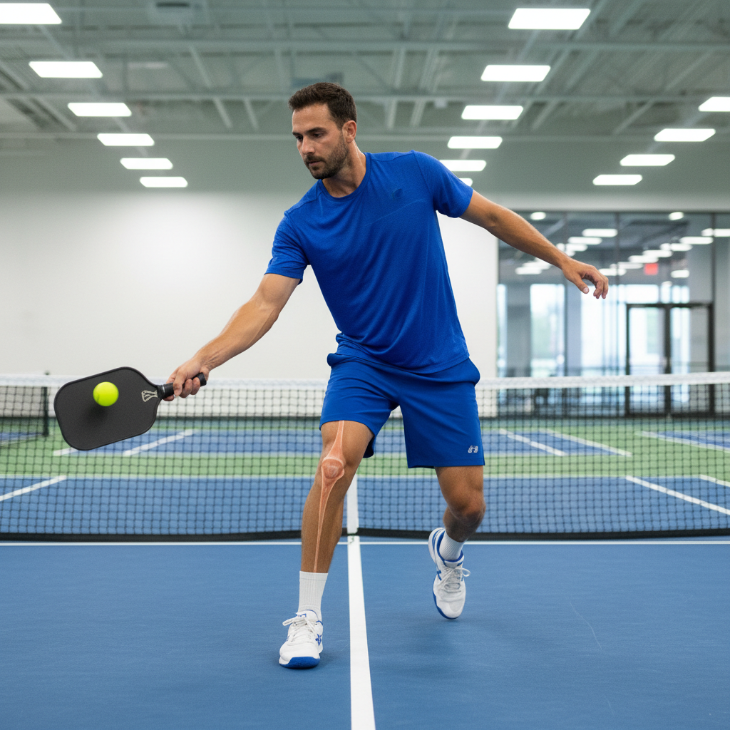 A pickleball player in action on a court, demonstrating the sport where elbow and knee injuries commonly occur