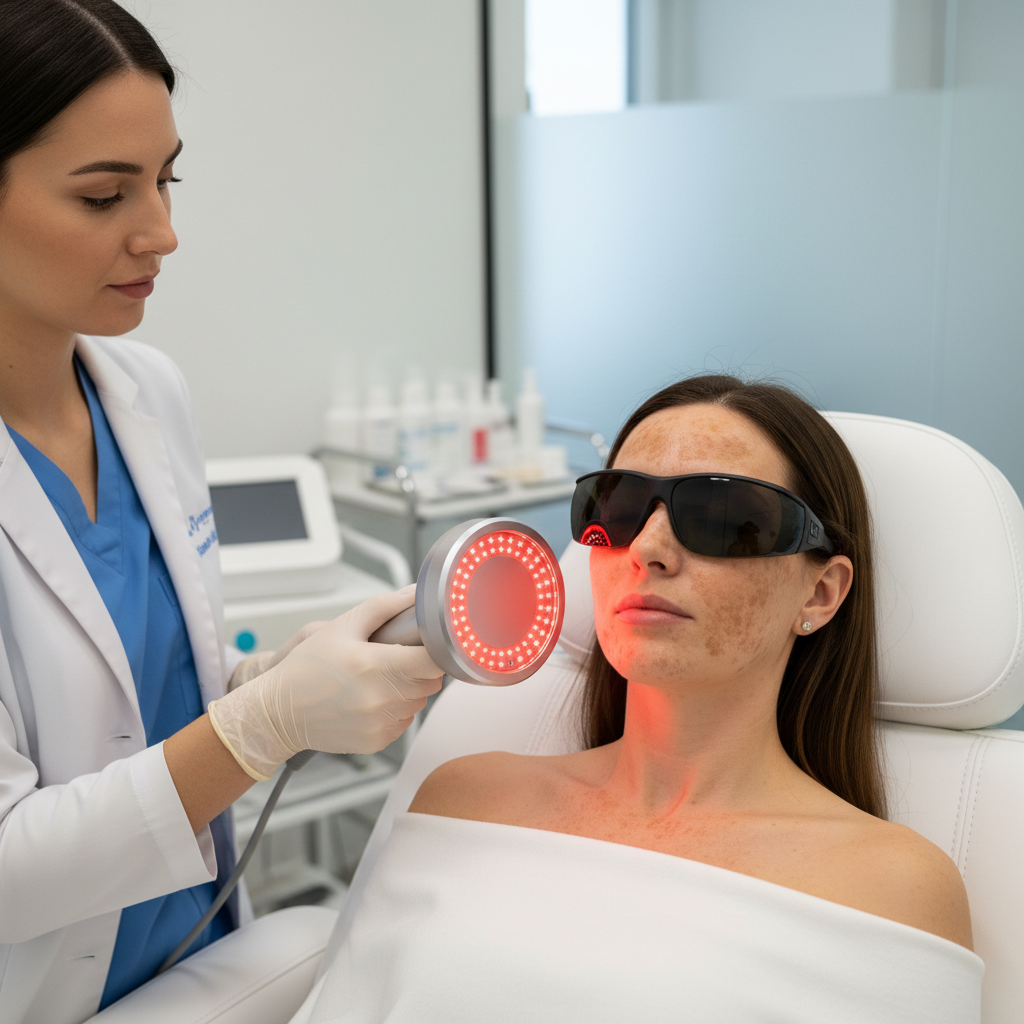 A patient receiving red light therapy treatment for melasma in a clinical setting