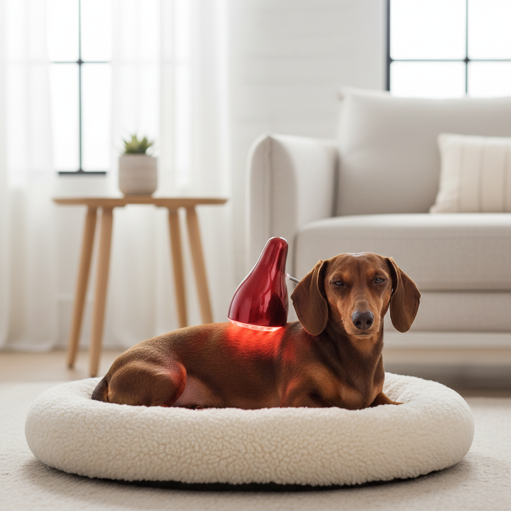 A professional ecommerce-style photo showing a Dachshund receiving red light therapy treatment in a comfortable home setting.