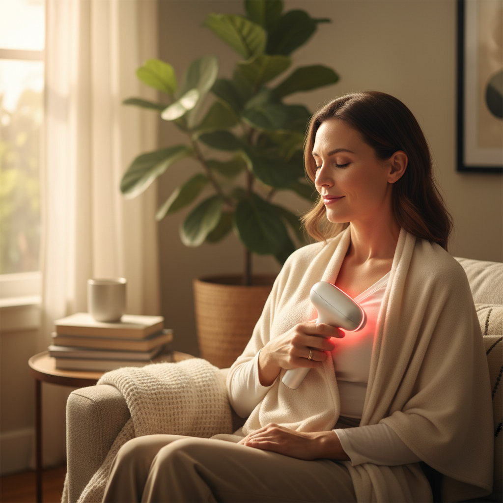 A nursing mother in a comfortable, sunlit room, using a handheld red light therapy device on her breast area while resting. The atmosphere is calm and professional.