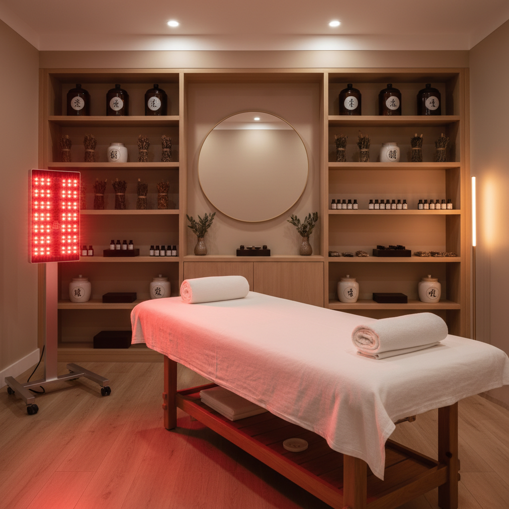 Professional acupuncture clinic setting with integrated red light therapy equipment