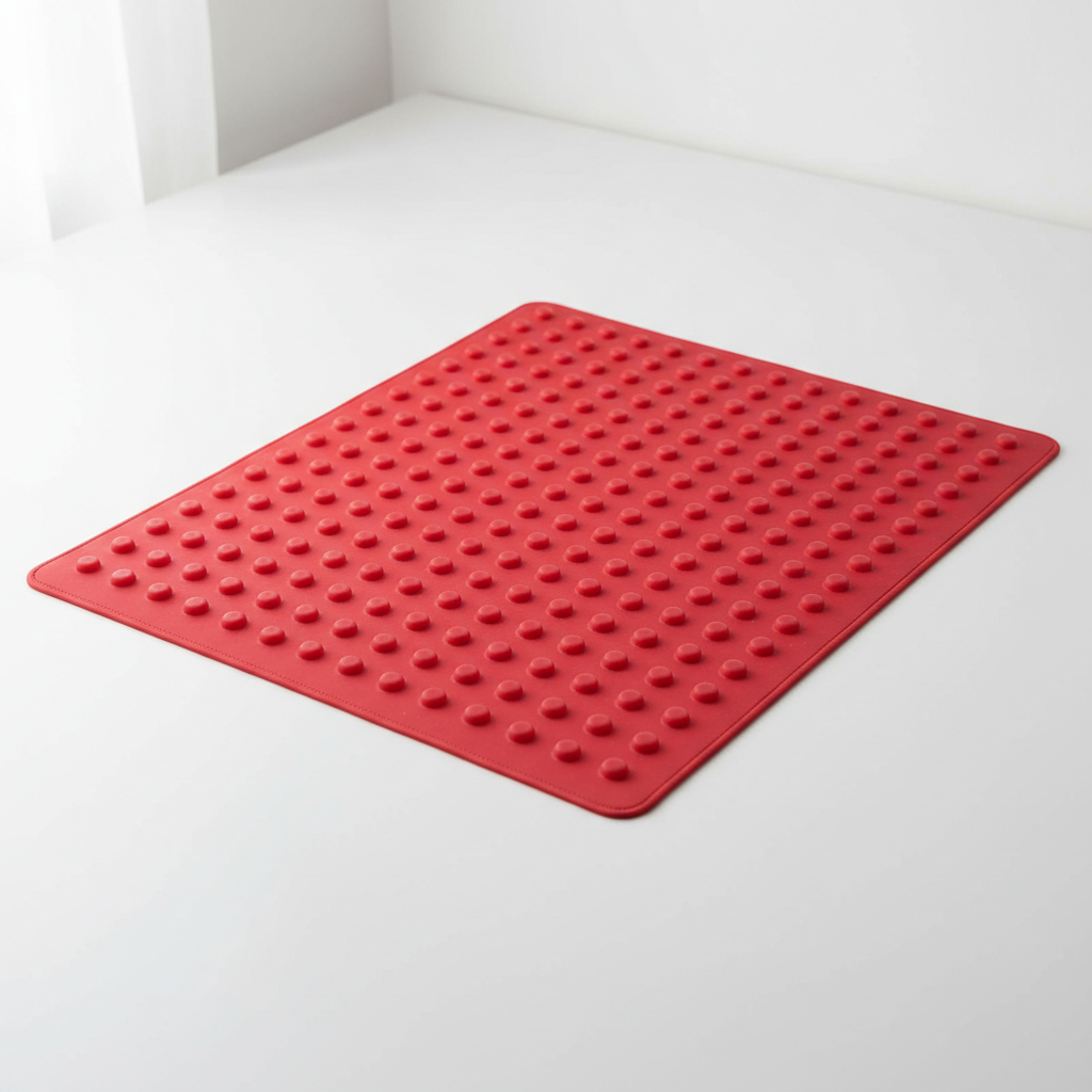 A clean, pristine red light therapy mat laid flat on a white surface with soft natural lighting