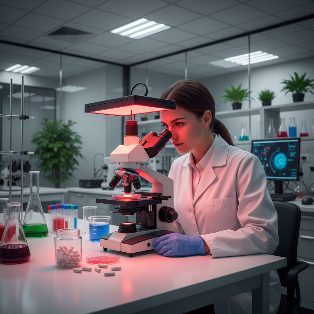 Professional scientist in lab examining cellular structures under red light therapy panel, with NMN supplement capsules visible on lab bench