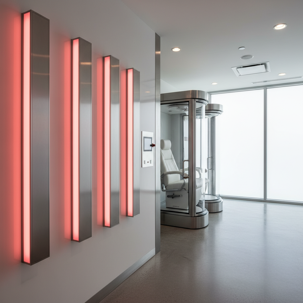 A professional clinical setting showing red light therapy panels and a hyperbaric oxygen chamber side-by-side in a modern wellness center