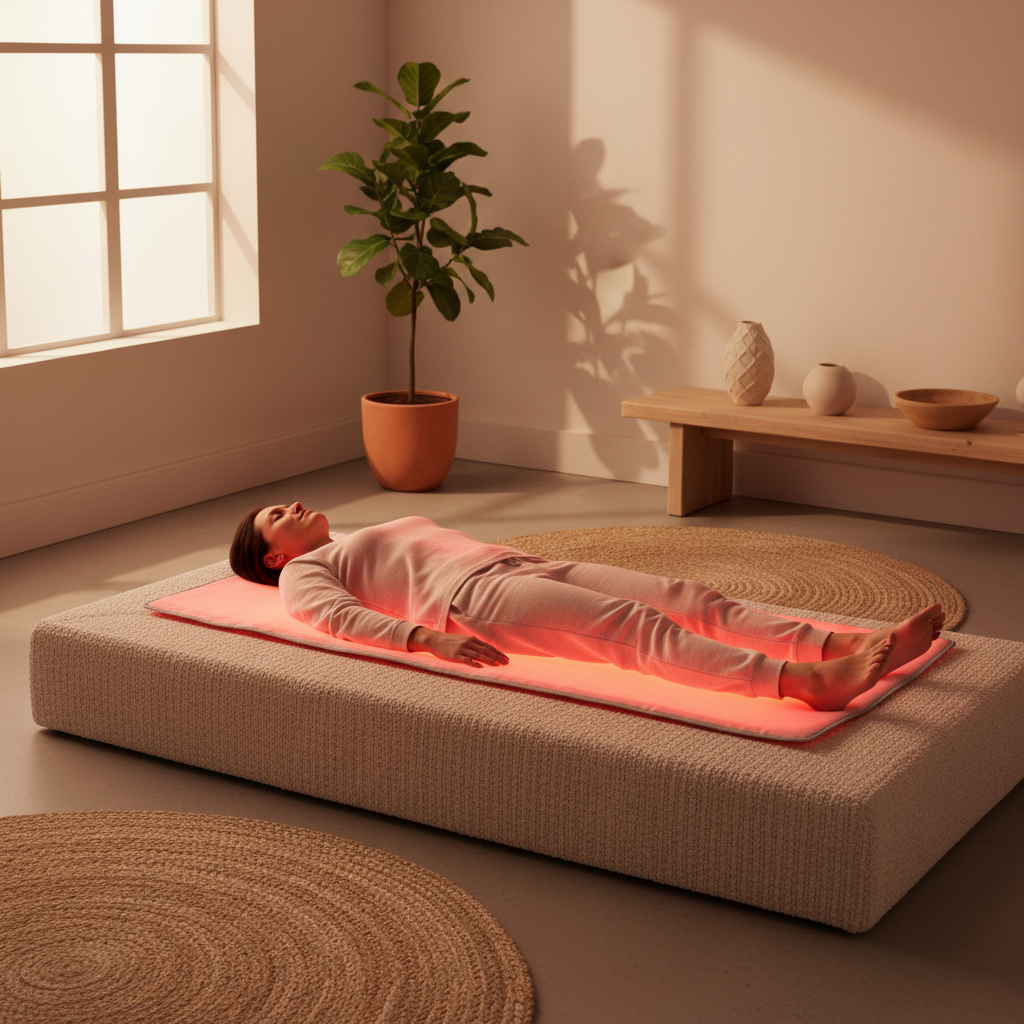 A person relaxing on a full-body red light therapy mat in a calm home setting with a soft red glow, suggesting pain relief and recovery.
