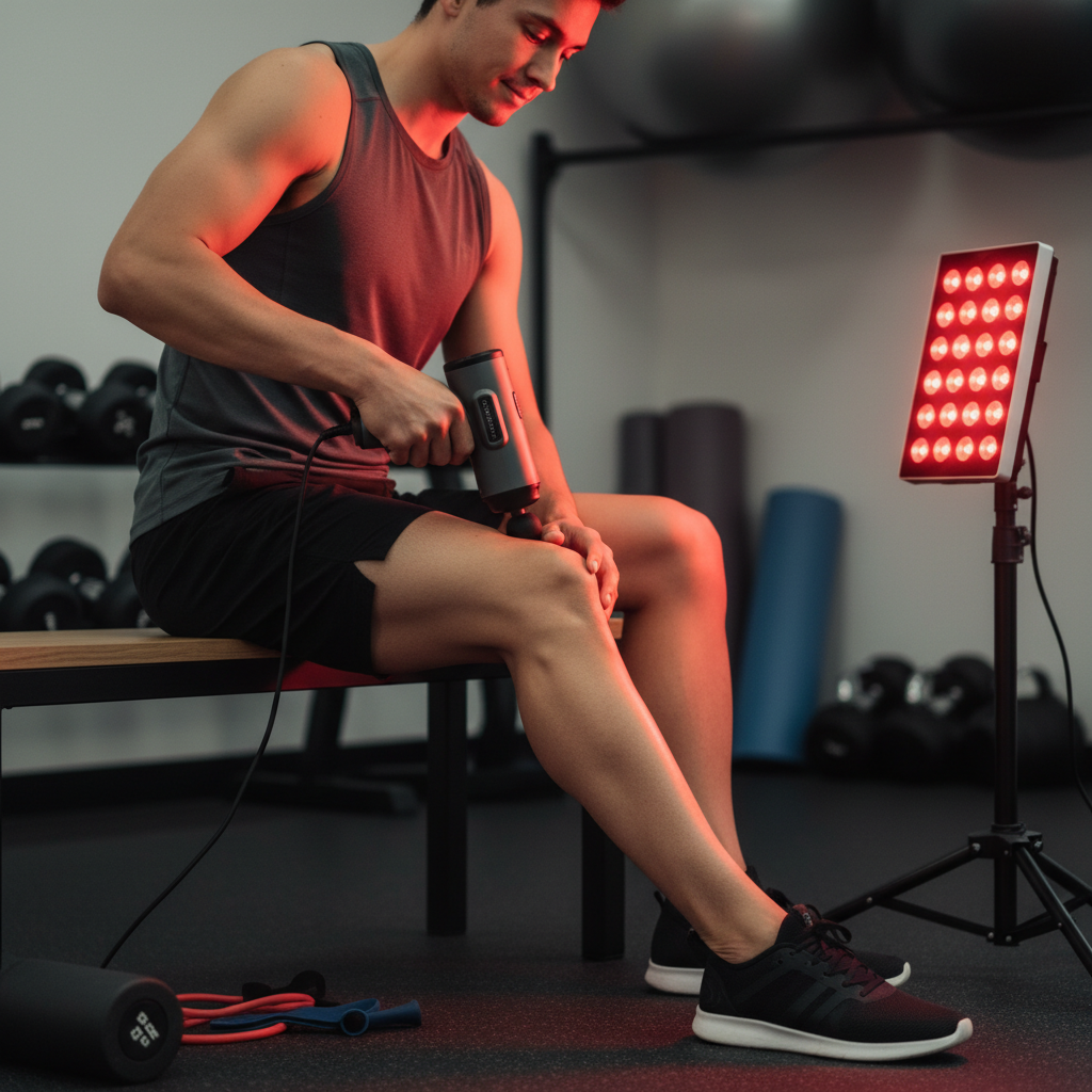 A person in a fitness setting using red light therapy and a massage gun as part of a recovery routine.
