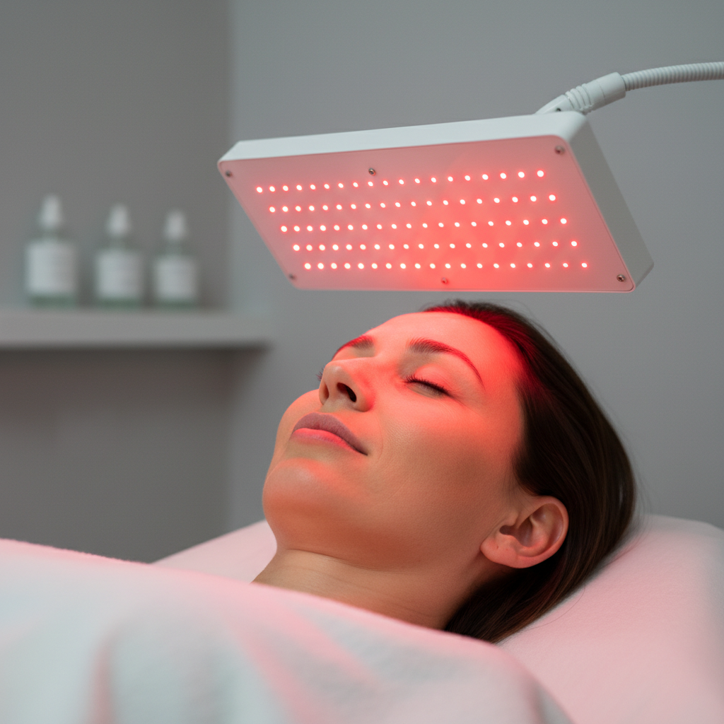 A clinical red light therapy device being used on a person’s face in a clean treatment setting.