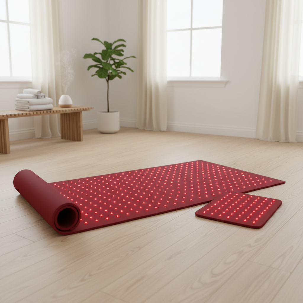 A professional comparison of a full-body red light therapy mat and a targeted red light therapy pad with wellness props.