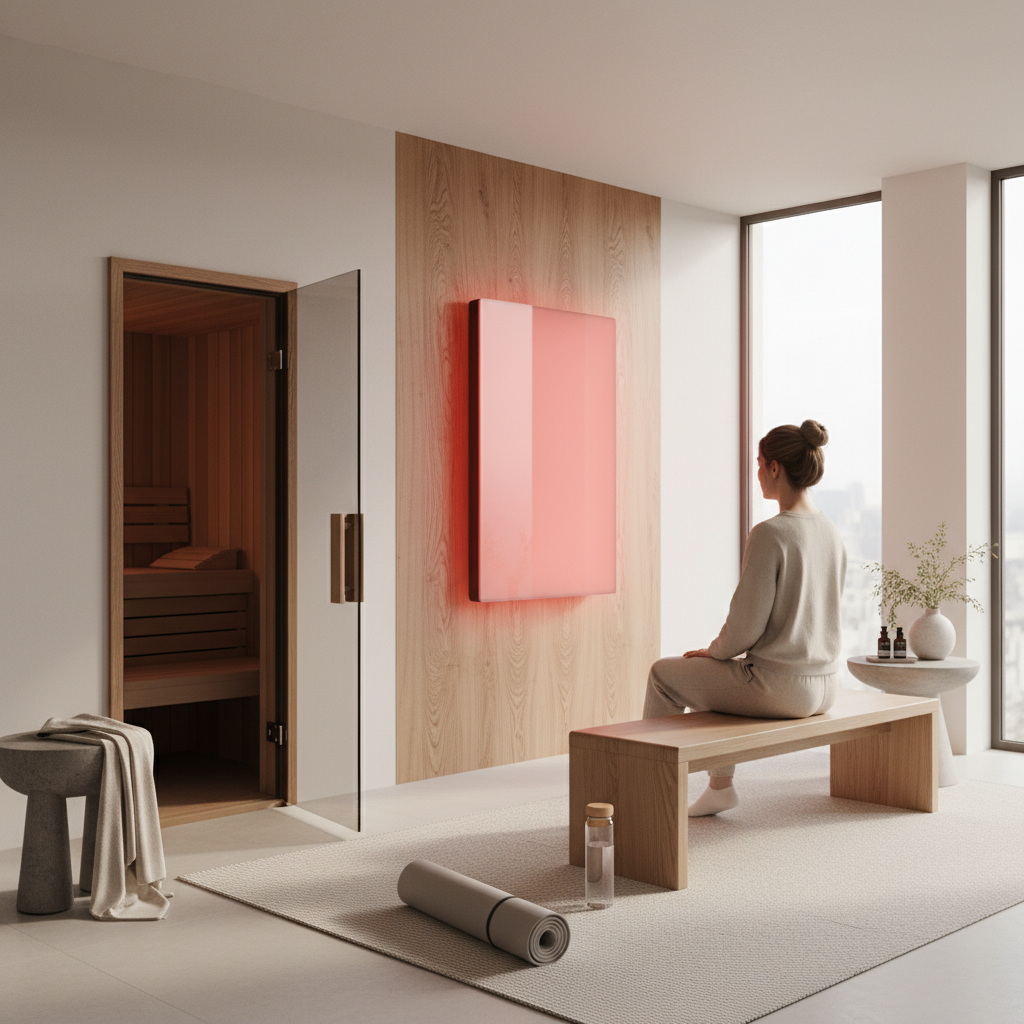 A person in a modern home wellness space using a red light therapy panel alongside sauna and recovery equipment.