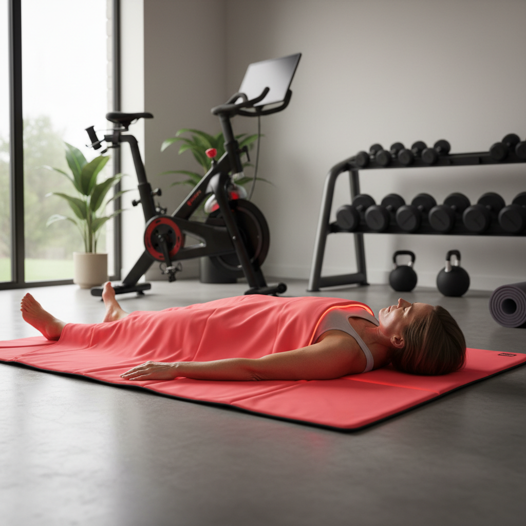 Fit middle-aged person using a full-body red light therapy mat in a modern home gym, focused during a recovery session.