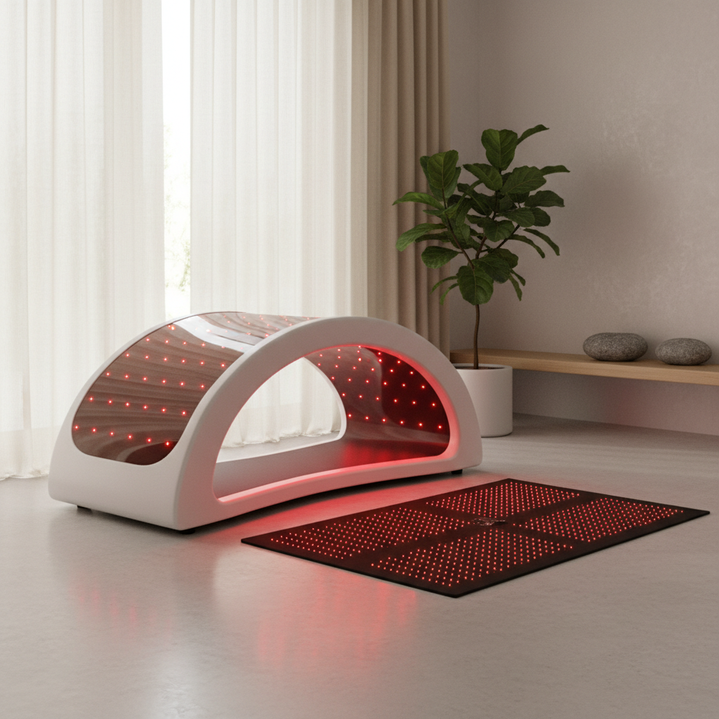 A red light therapy bed and a flexible mat shown side by side in a modern home wellness room.