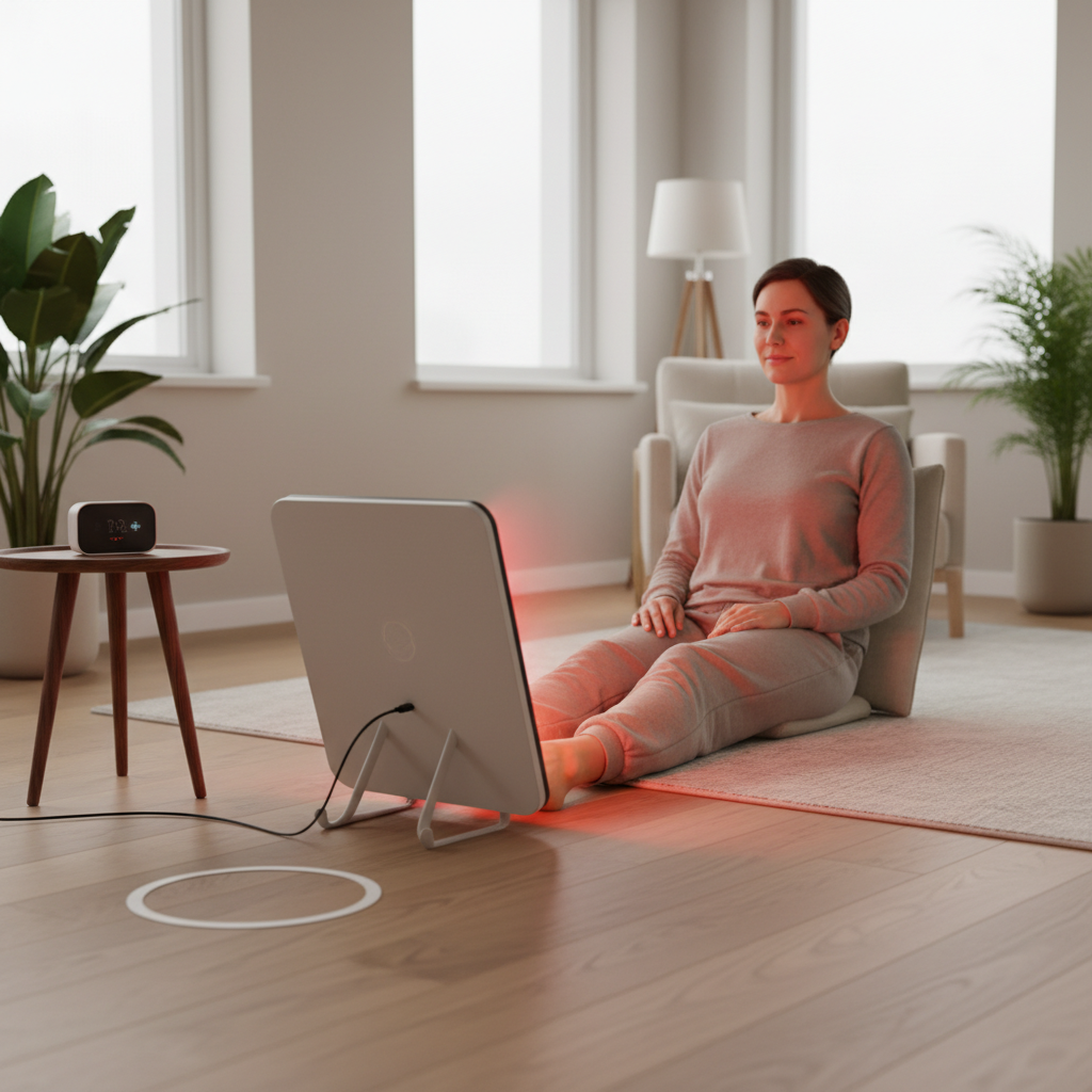 A person using a red light therapy panel safely at home, with a visible timer and a marked distance guide, in a calm modern wellness setting.