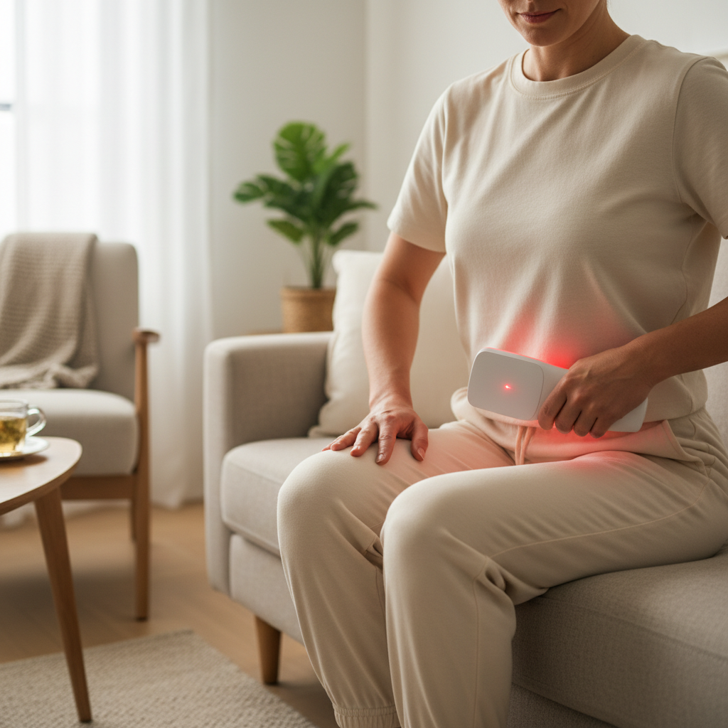 A person using a red light therapy device on the lower back in a calm home setting.
