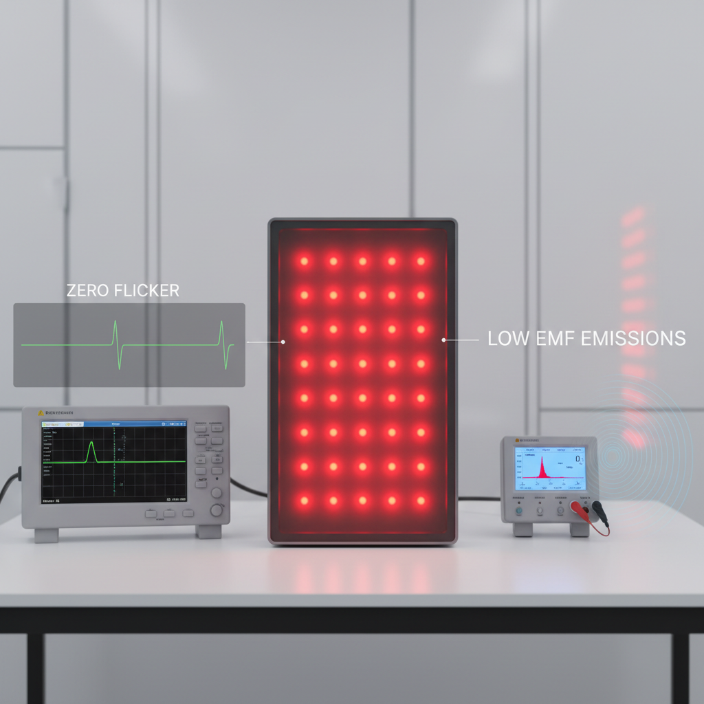 A modern red light therapy panel displayed with scientific measurement tools and visual overlays suggesting flicker and EMF testing.