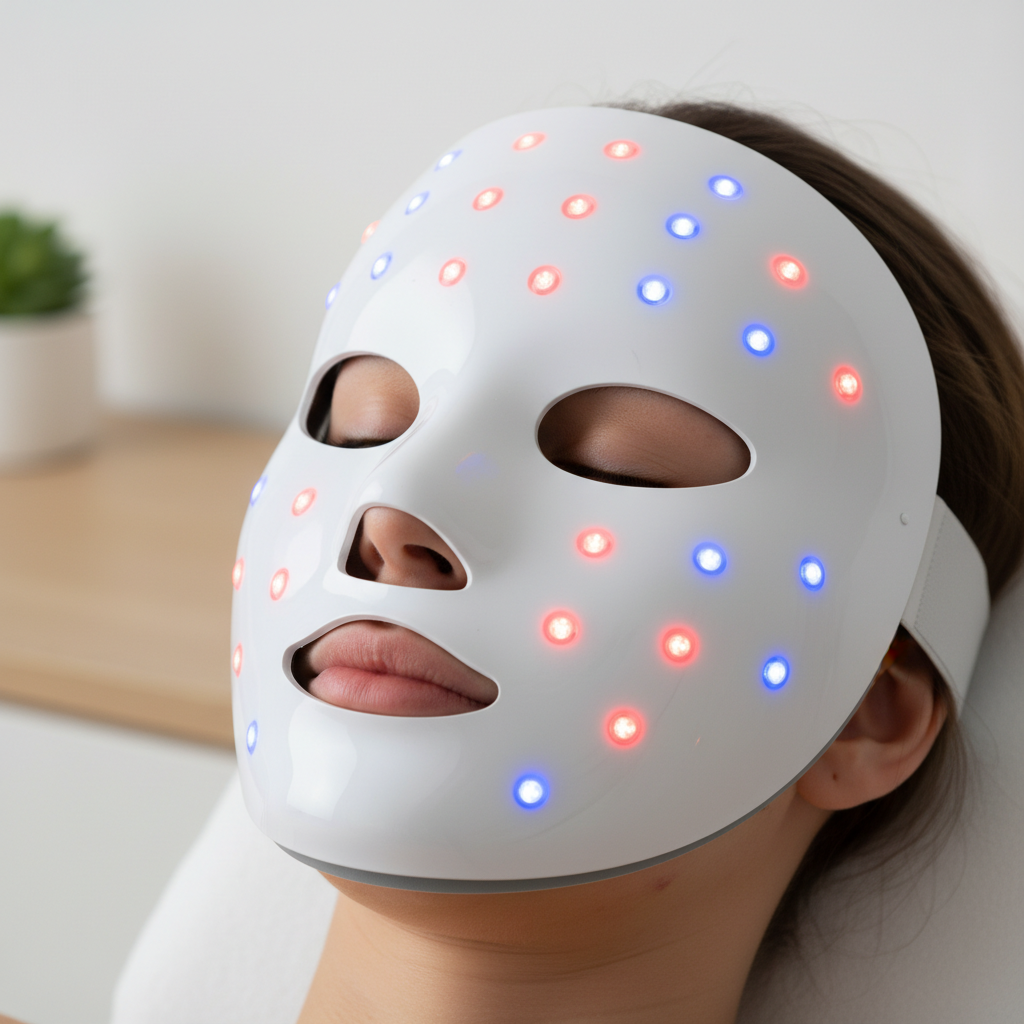 A clinical-style at-home red and blue LED light therapy device being used on skin with visible acne in a clean, professional setting.