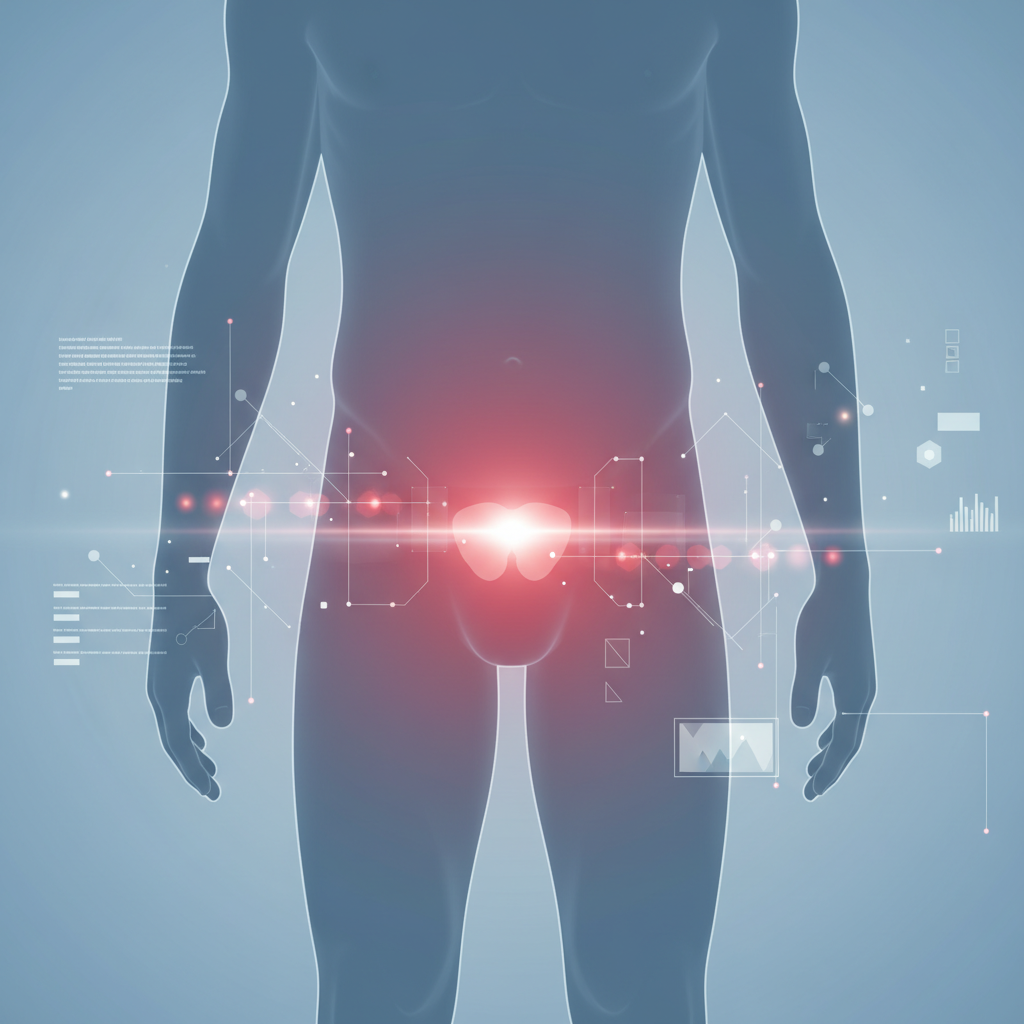 Abstract medical illustration of red light therapy for men's health, showing a calm clinical light glow over a male pelvic silhouette.
