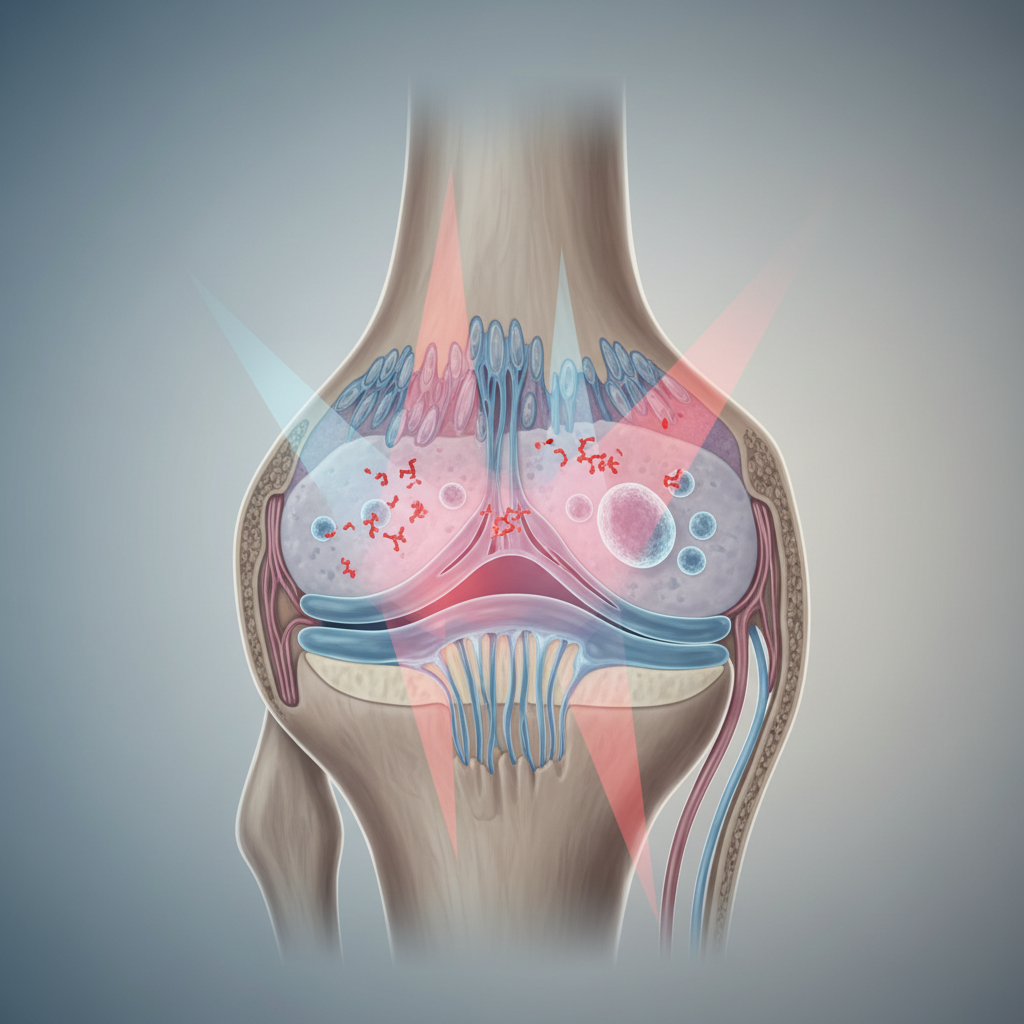 Scientific illustration of red and near-infrared light interacting with inflamed cells and a joint in a calm clinical setting.
