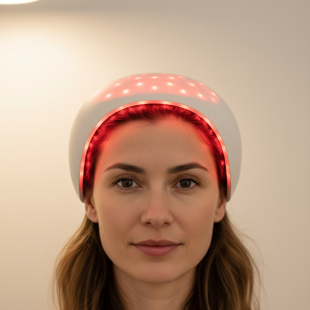 A person wearing a red light therapy cap with a subtle hair growth illustration, shown in warm clinical lighting.