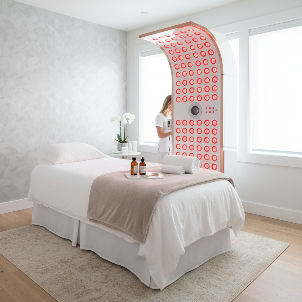A professional med spa treatment room with a clinic-grade red light therapy device in a clean, modern clinical environment.