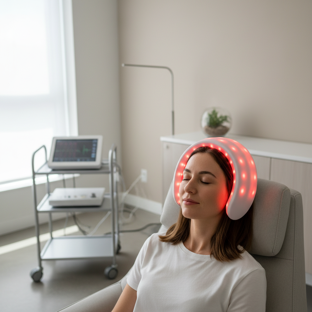A person using a red light therapy device positioned over the scalp in a clean clinical wellness setting.