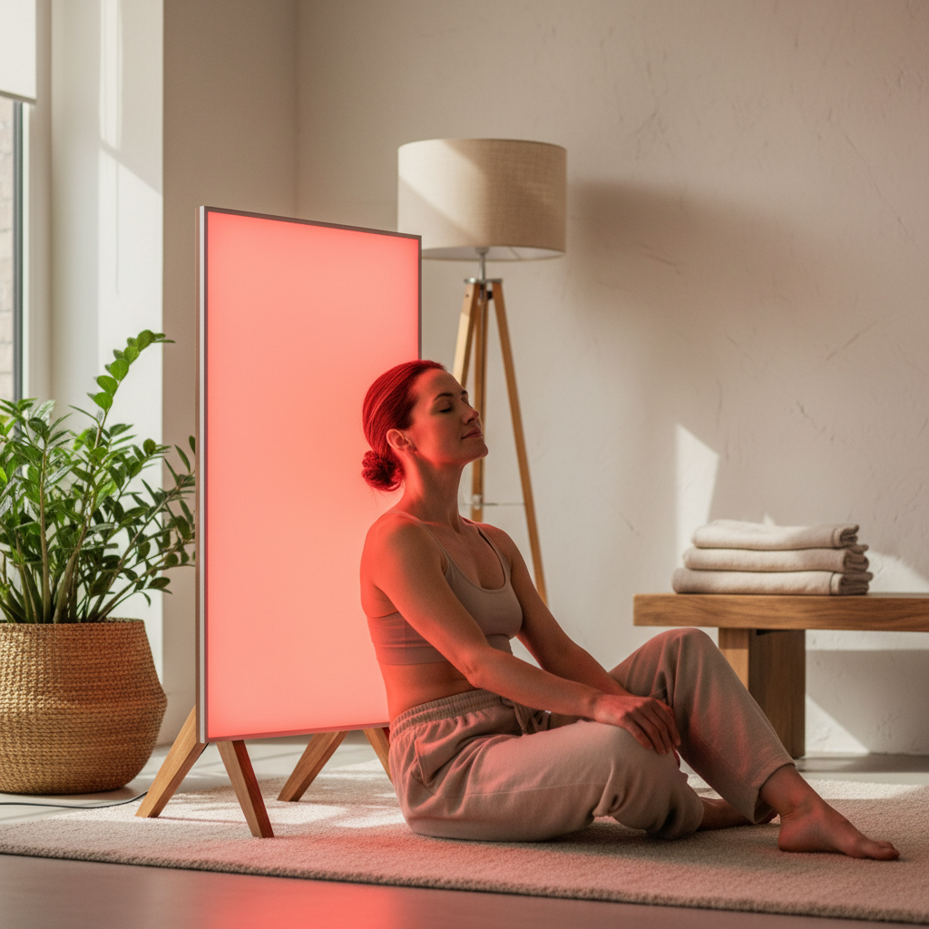 A person using a red light therapy panel on their back in a calm modern home setting.