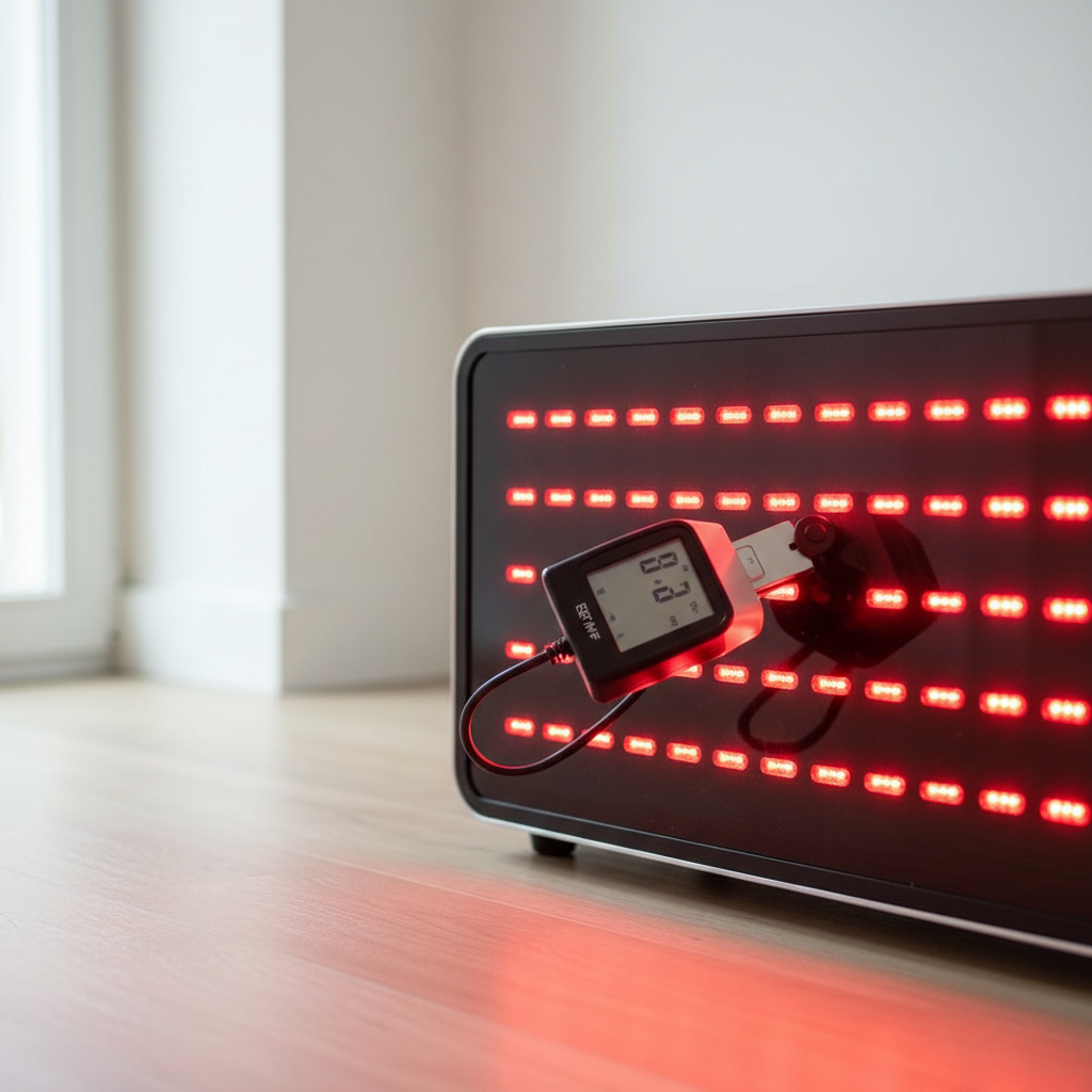 A modern red light therapy panel being measured with an EMF meter in a clean wellness setting.