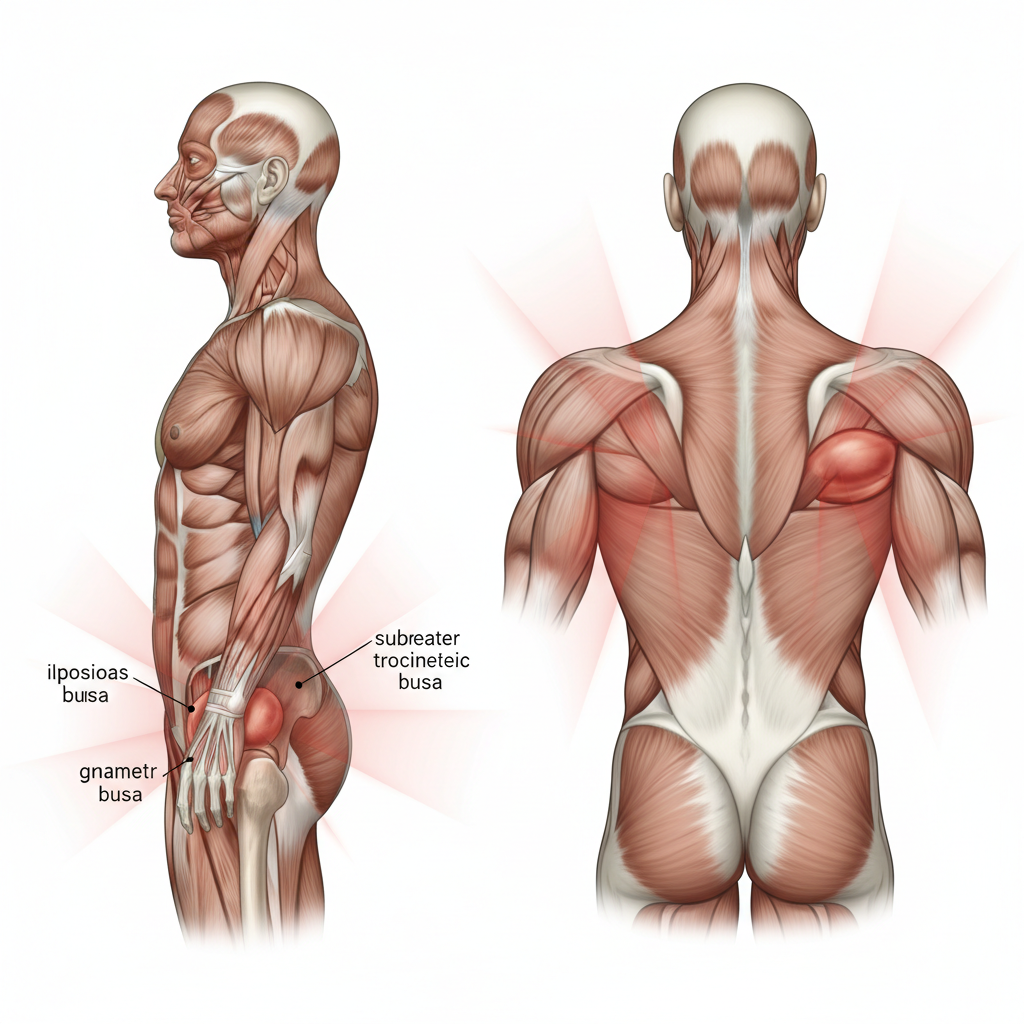 Medical illustration showing inflamed hip and shoulder bursae with red light therapy beams penetrating the tissue for relief.