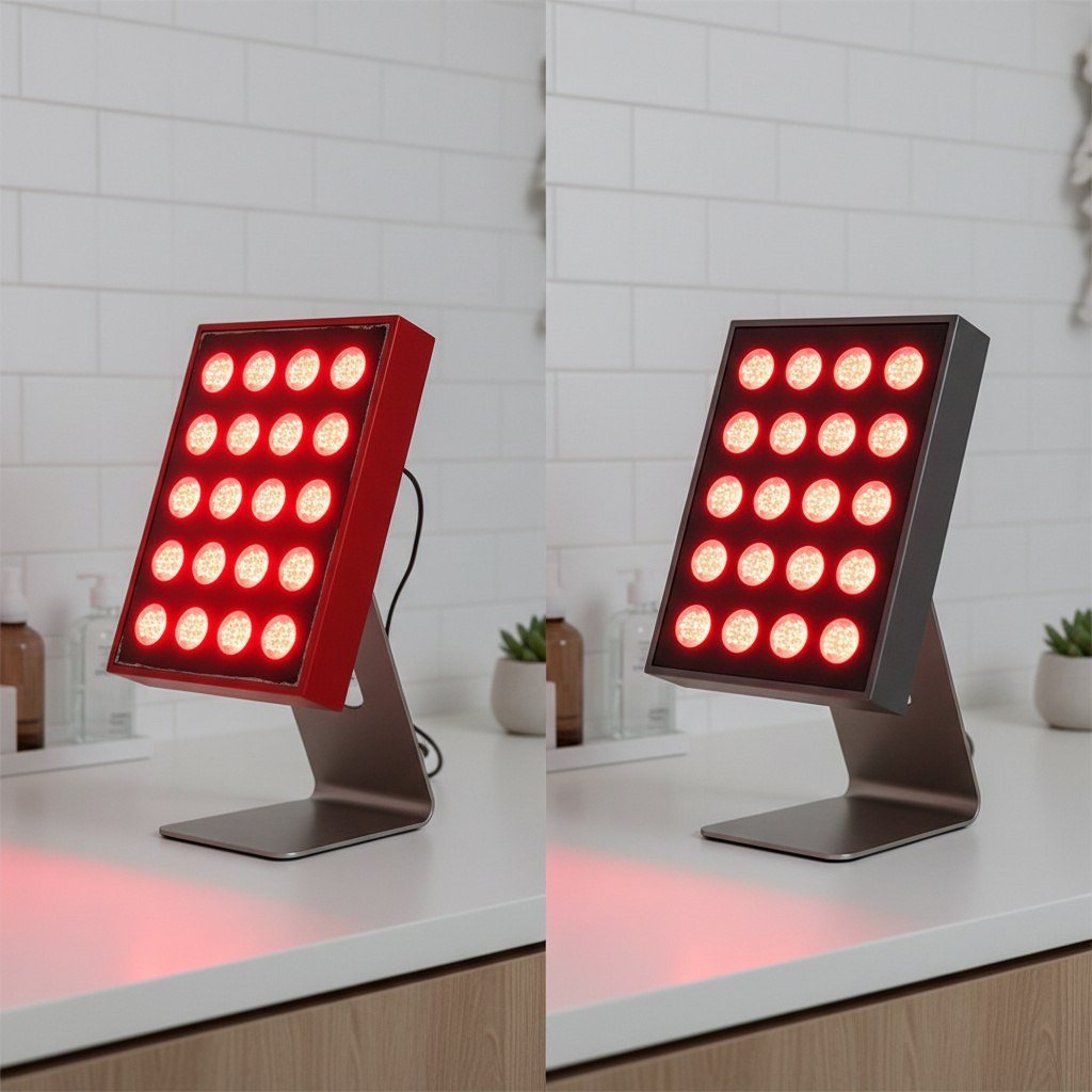 A split-screen comparison of a cheap red light therapy panel and a premium red light therapy panel, highlighting visible quality differences.
