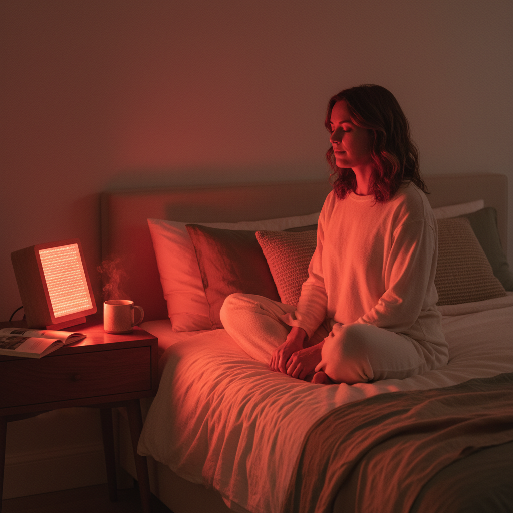 A calm evening bedroom scene with a person sitting nearby using a red light therapy device as part of a sleep wind-down routine, with a soft red glow and a relaxed atmosphere.