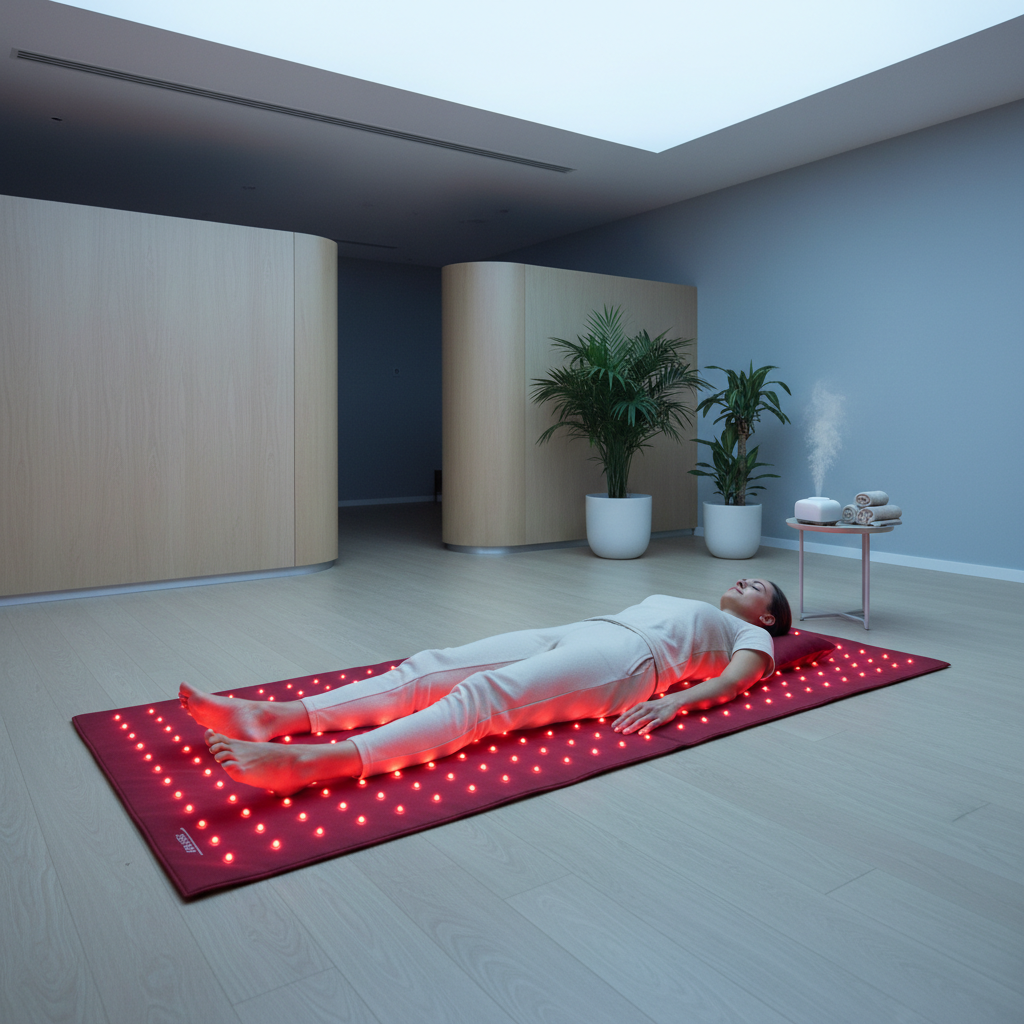 A person lying on a full-body red light therapy mat in a modern wellness room with soft red and blue lighting accents.
